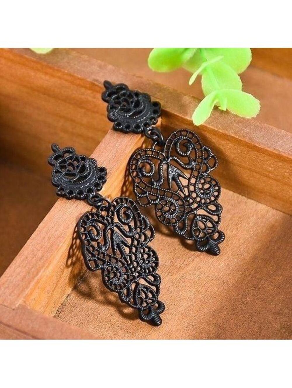 Gothic Black Lace Victorian Metal Filigree Enameled Dangle Earrings